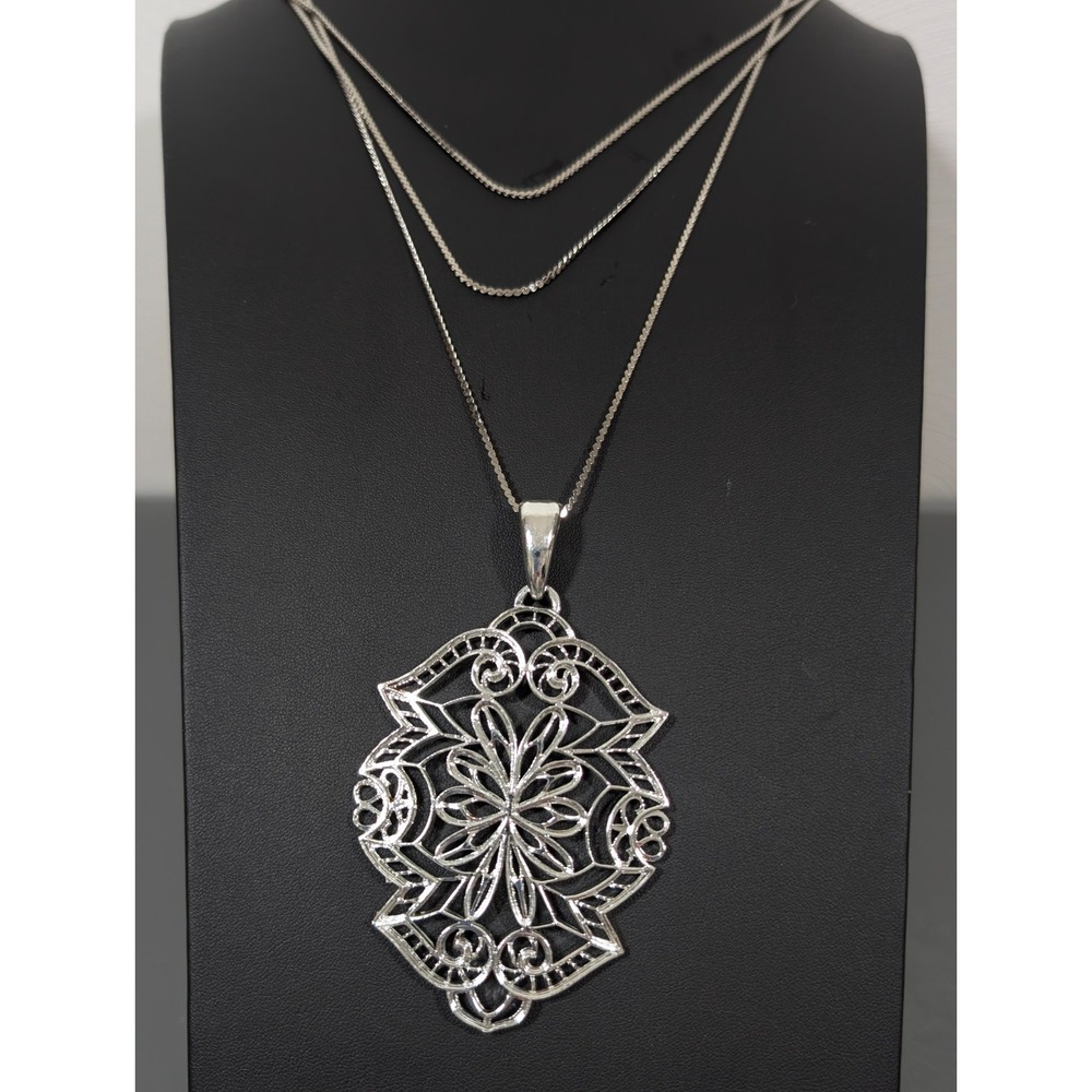 Pierre Lang‎ Vintage Silver Tone Filigree Pendant Multi Chain Statement Necklace